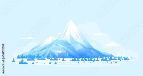 High mountain with spruce forest in simple geometric form, nature landscape, travel illustration, sample creative mountains of sharp bright ice composition in flat style