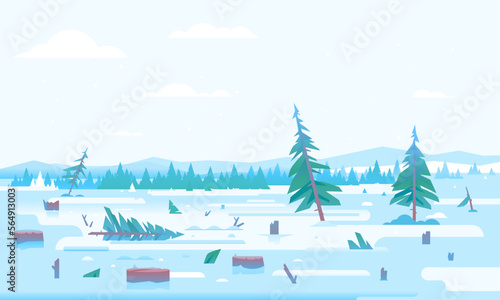 Winter deforestation with many stumps and small spruce trees after Christmas, nature disaster concept illustration in flat style, cutting down trees, environmental pollution and ecological problems