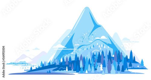 Group of high mountains in snow with spruce forest around, winter nature tourism landscape illustration isolated, sample creative mountains composition in flat style