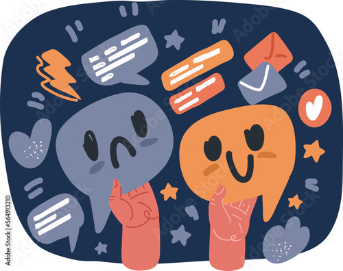 Cartoon vector illustration of Circle buttons. Speech bubble smile face icons. Happy, sad, cry signs. Happy smiley chat symbol. Sadness depression and crying signs.