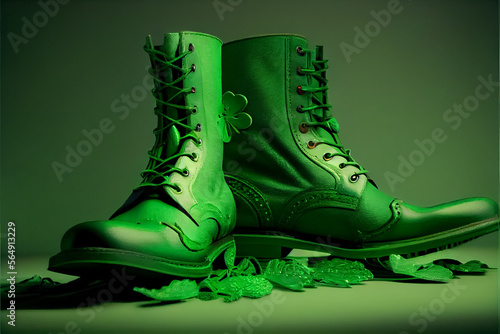 illustration of green boots patrick day with clover . AI