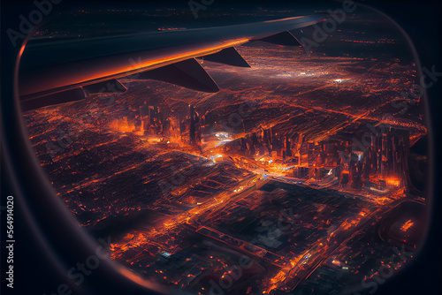 illustration of top view from plane window at the night city . AI