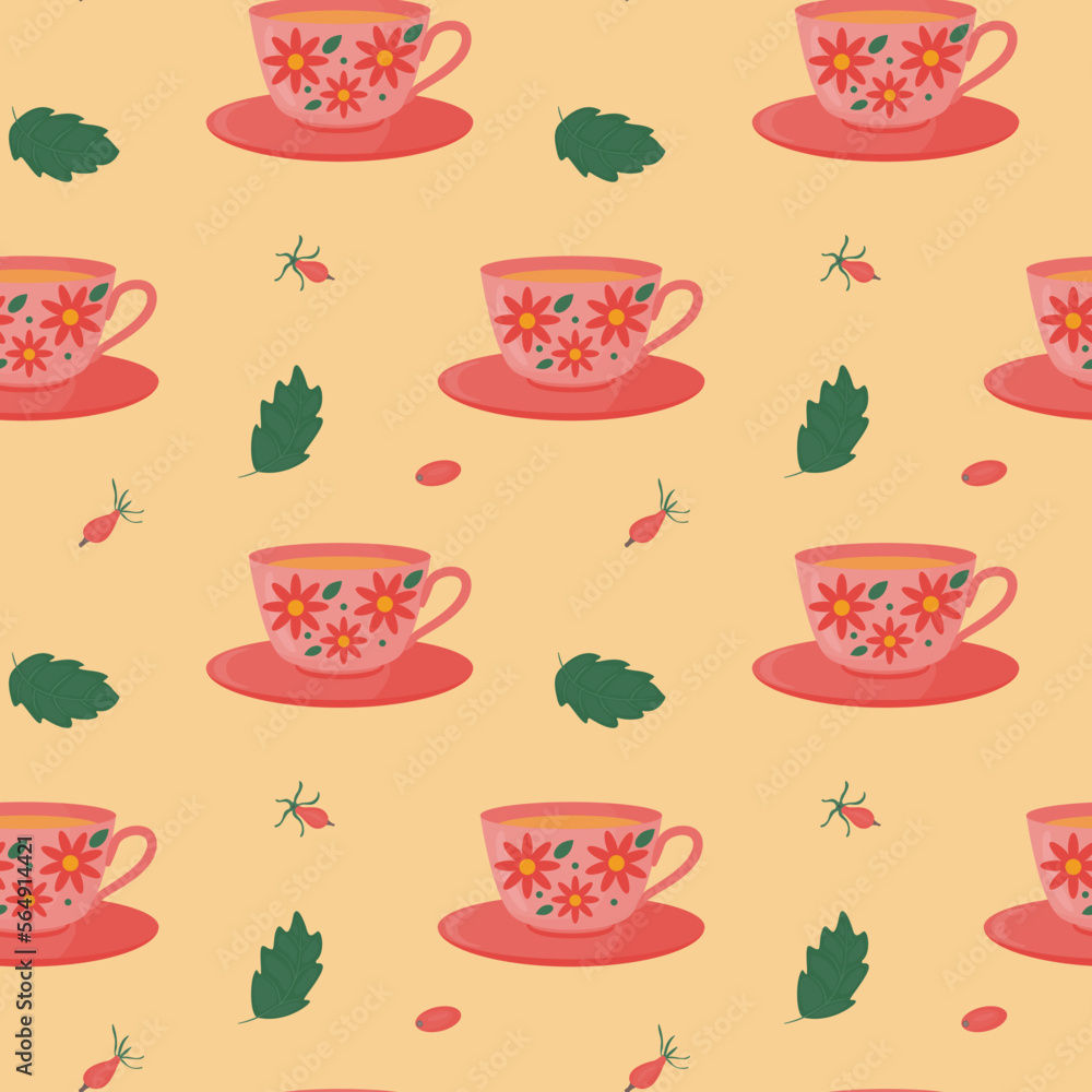 Seamless pattern with cup and saucer and fruit tea, hawthorn and mint leaves. Vector image. Seamless pattern with cup and saucer and fruit tea, hawthorn and mint leaves. Vector image.