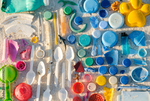 Plastic litter found during a beach cleanup photo