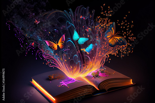 illustration of book wih neon butterfly and magic light. AI