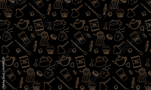 Fototapeta Naklejka Na Ścianę i Meble -  Vintage Hand drawn coffee seamless pattern with retro coffee maker, milk, cake, cookies. Repeated texture for cafe menu, shop wrapping paper.