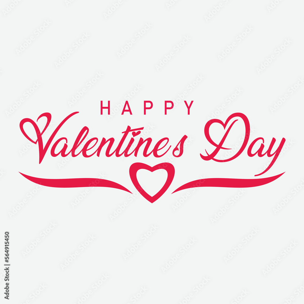 Typography Happy Valentines Day banner. Valentines Day greeting card template with Calligraphic text happy valentine`s day and red heart and line on isolated white  background. Vector illustration 