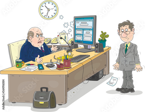 Angry boss at his work desk in an office and a sad fired employee after unfair dismissal, vector cartoon illustration isolated on a white background
