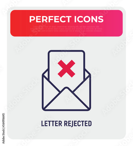 Rejected document. Opened envelope with cross mark. E-mail wasn't send. Thin line icon. Vector illustration.
