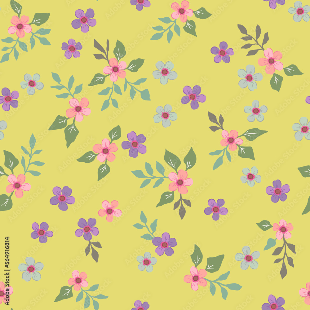 Vector floral seamless pattern with small vintage-style flowers on a light green background. For fabrics, textiles and design.