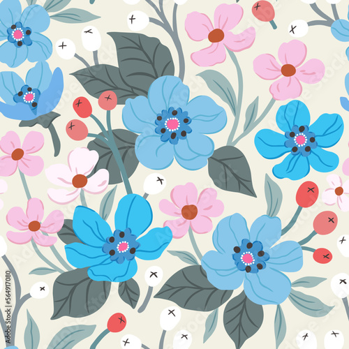Floral patterns of blue and pink flowers and berries on a light yellow background. Cute floral aesthetic composition for wallpaper, print, poster, postcard, phone cases, banner, fabric, textiles.
