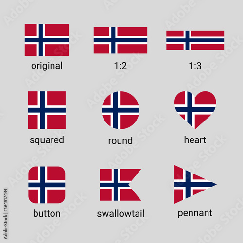 Vector collection of Norwegian flags in different shapes and ratio. Norway flag high quality set