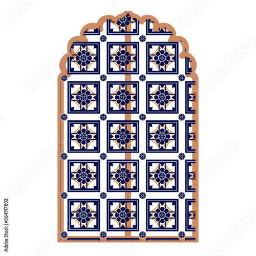 Islam window or gate. Decorative frame. Mosque dome and lanterns. Vector set of oriental geometric ornaments with grid, mesh, circles, flower silhouettes.