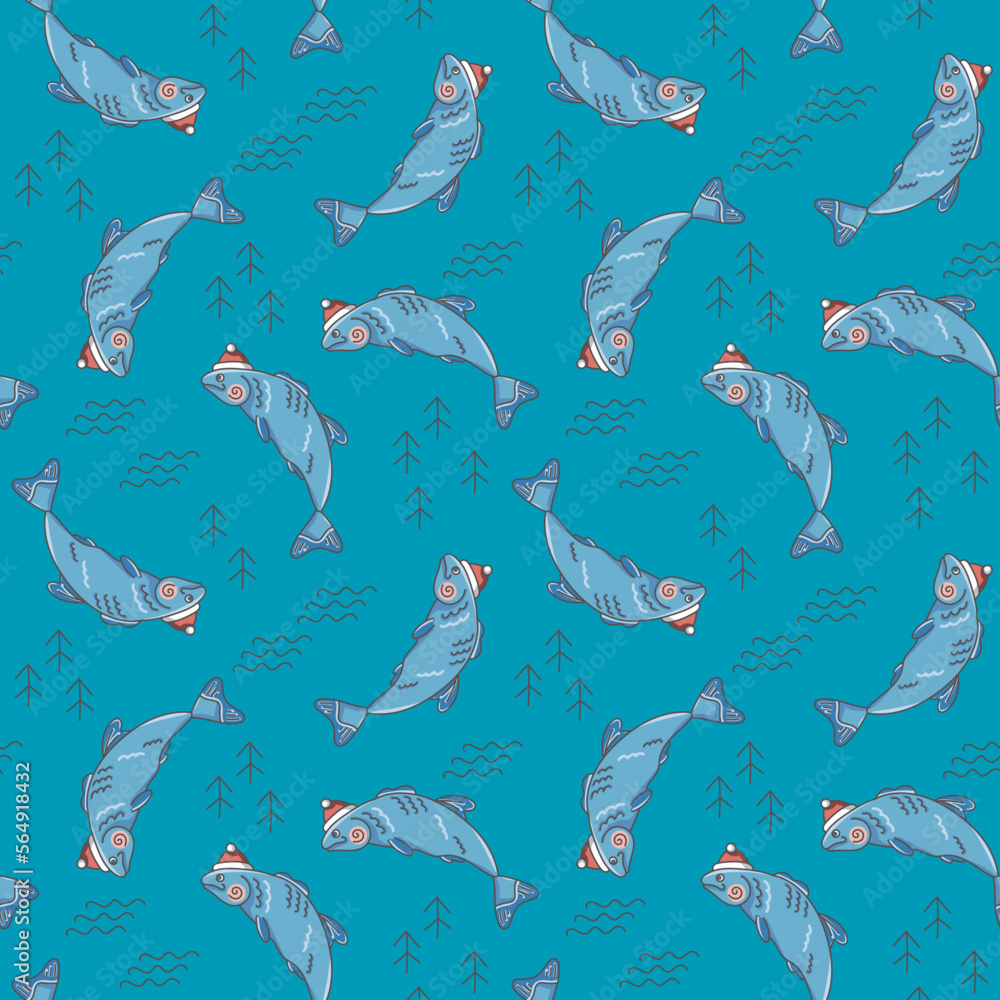 Seamless pattern, sea, fish, salmon, blue. Beautiful pattern for fabric, wallpaper. Pajamas. Seamless pattern, sea, fish, salmon, blue. Beautiful pattern for fabric, wallpaper. Pajamas.