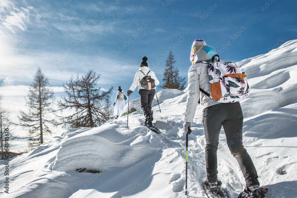 Three women friends on ski trip with snowshoeing