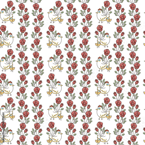 Wallpaper Mural Ornament with roses. Seamless pattern with hen, chick and rose. Cute retro wallpaper. Drawing for fabric. Wall decoration, red rose, gift wrapping. Torontodigital.ca