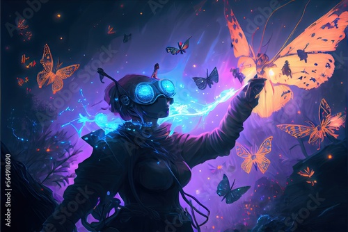 Apocalypse concept of the woman with a gas mask creating fairy light butterflies with magic, anime, fantasy - generative ai © Infinite Shoreline