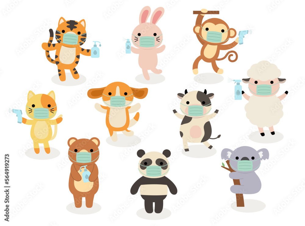 Big set of isolated animals. Vector collection of activity, wearing face mask, sanitizing, temperature checking, funny animals. Cute animals cat, rabbit, dog, monkey, cow, tiger, Koala, bear, panda