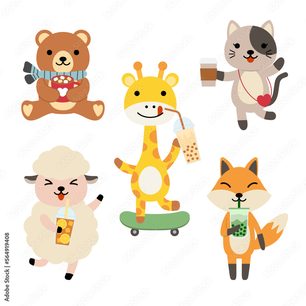 Big set of isolated animals. Vector collection funny animals. Cute animals drinking: domestic, teddy, cat, fox and ziraf in cartoon style. Giraffe, elephant, sheep