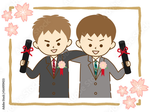 卒業証書を手に友達と肩を組んで笑顔で記念撮影②