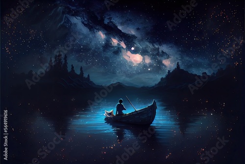 Boy rowing a boat with his wolf among the stars in the night sky, anime, fantasy - generative ai