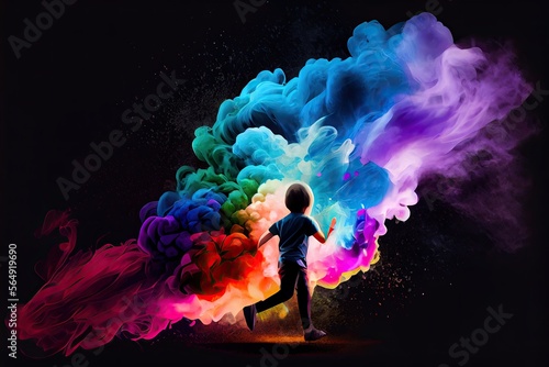 A boy running and holding up colorful smoke flare, fantasy, anime, generative ai