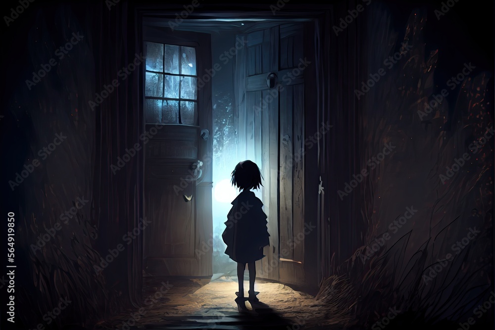 Child standing in a dark place and opening a door lit with a strange glow, anime, fantasy - generative ai