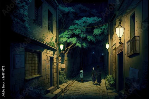 A couple walking in alley at night  fantasy  anime - generative ai