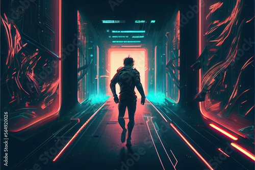 Cyberpunk concept showing a man running along a futuristic laboratory, anime, fantasy - generative ai