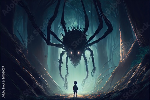 A boy with a torch facing a giant spider, fantasy, anime - generative ai