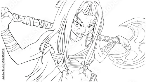 A brutal bandit girl with narrowed pupils and disheveled long hair, she is a barbarian dressed in skins and bandages, with a huge axe, looking irritably at the camera with a threat. 2d anime line art