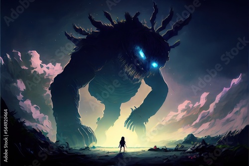 Tiny humans fight against a giant monster, fantasy, anime - generative ai © Infinite Shoreline