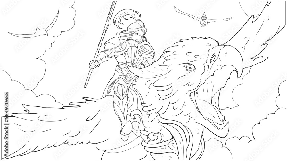 A female knight riding a huge griffin flies through the sky at the head of other riders, she is in a plate armor with a cape and a spear, her bird screams with its beak open. 2d art