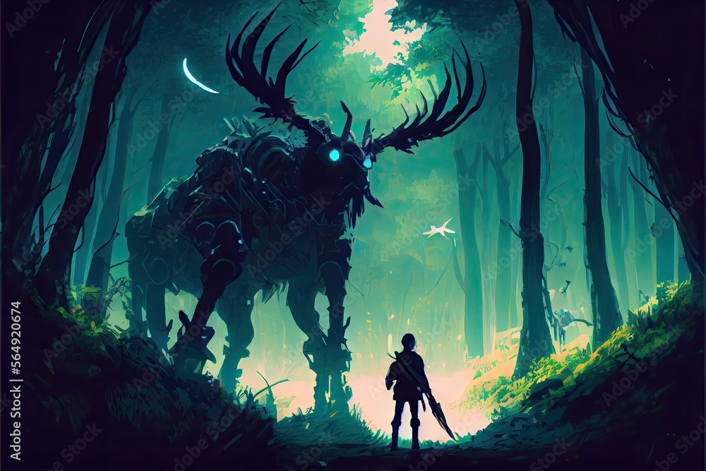 Fototapeta premium A futuristic soldier hunting a deer monster in the forest, anime, fantasy - generative ai