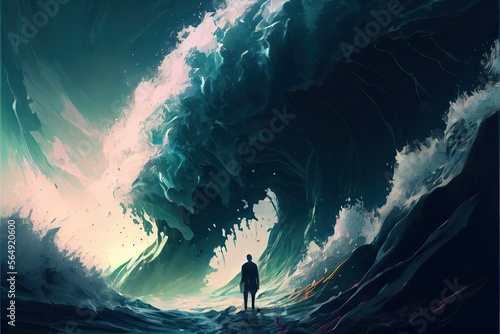 A man standing in the midst of a huge breaking wave, anime, fantasy - generative ai