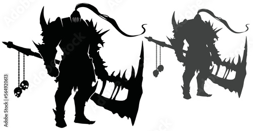 A black sinister silhouette with a bully knight in spiked heavy armor with a huge axe with a chipped blade and skulls hanging on chains. his helmet has a long tail fluttering in the wind. 2d art