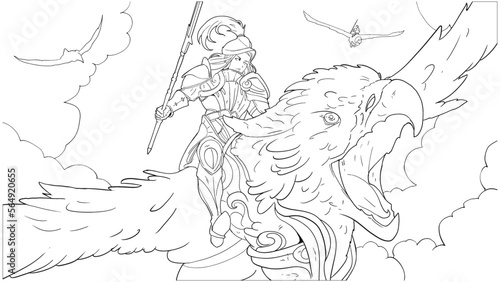 A female knight riding a huge griffin flies through the sky at the head of other riders, she is in a plate armor with a cape and a spear, her bird screams with its beak open. 2d art