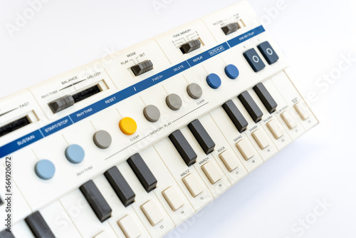 Electric piano mini key on white background, isolate background. Music and composer concept.