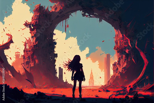 A girl holding a gun looking at the destroyed futuristic portal in ruin city, fantasy - generative ai