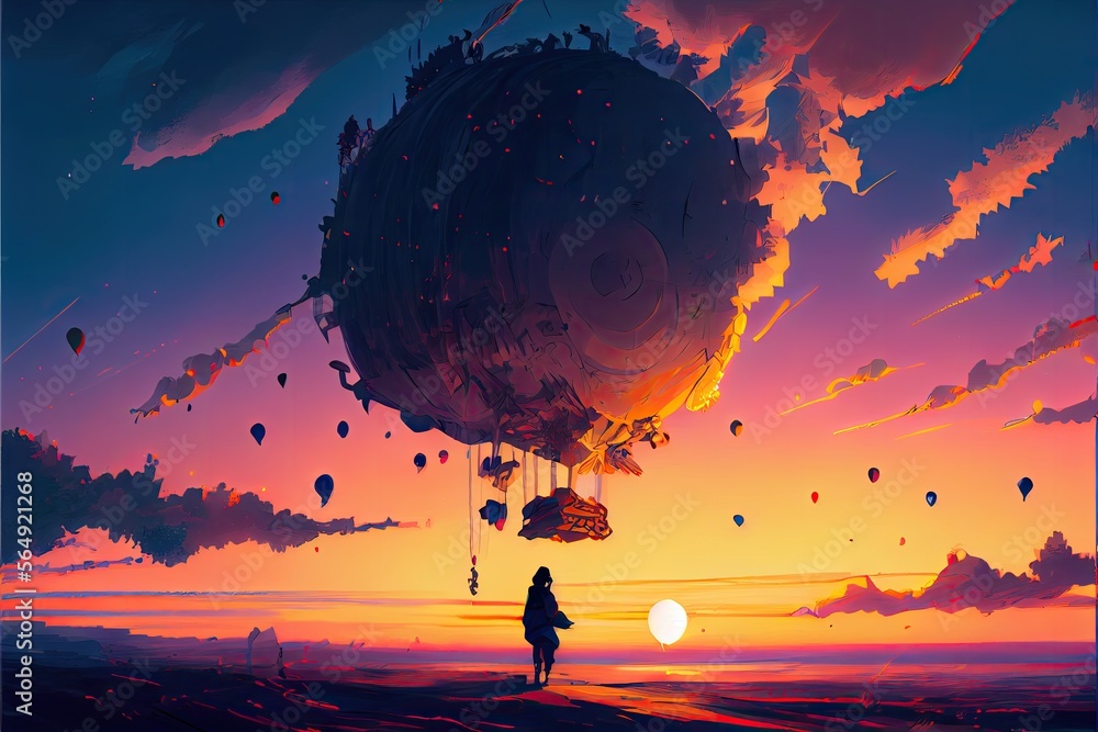 Man staring at the flying balloons, lights at sunset, fantasy, anime - generative ai