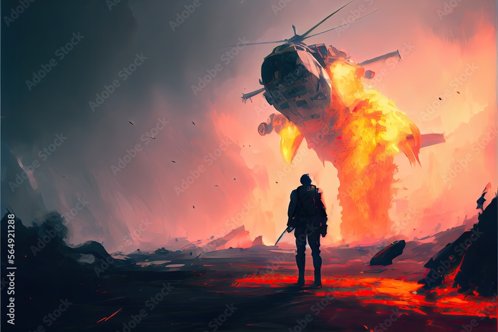 Fototapeta premium A soldier standing against a burning helicopter, fantasy, anime - generative ai