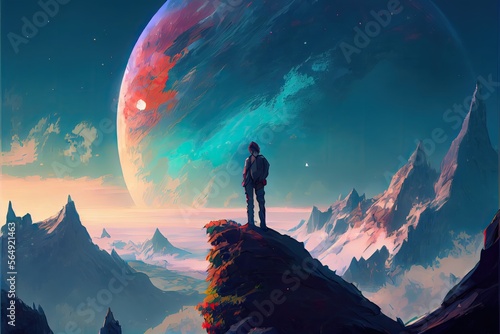 A man on top of mountain looking at another planet, fantasy, anime - generative ai