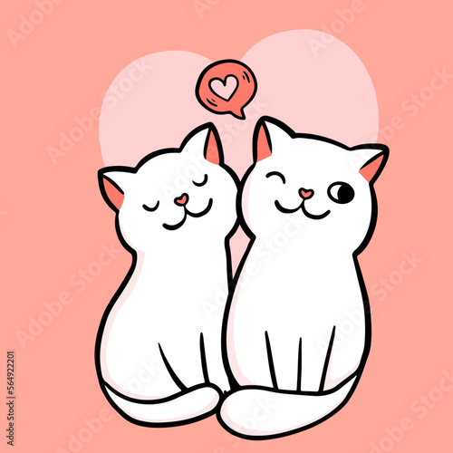 Valentine's celebration. Doodle two cats couple in a heart shape background. Romantic vector. Celebration poster. Be mine.