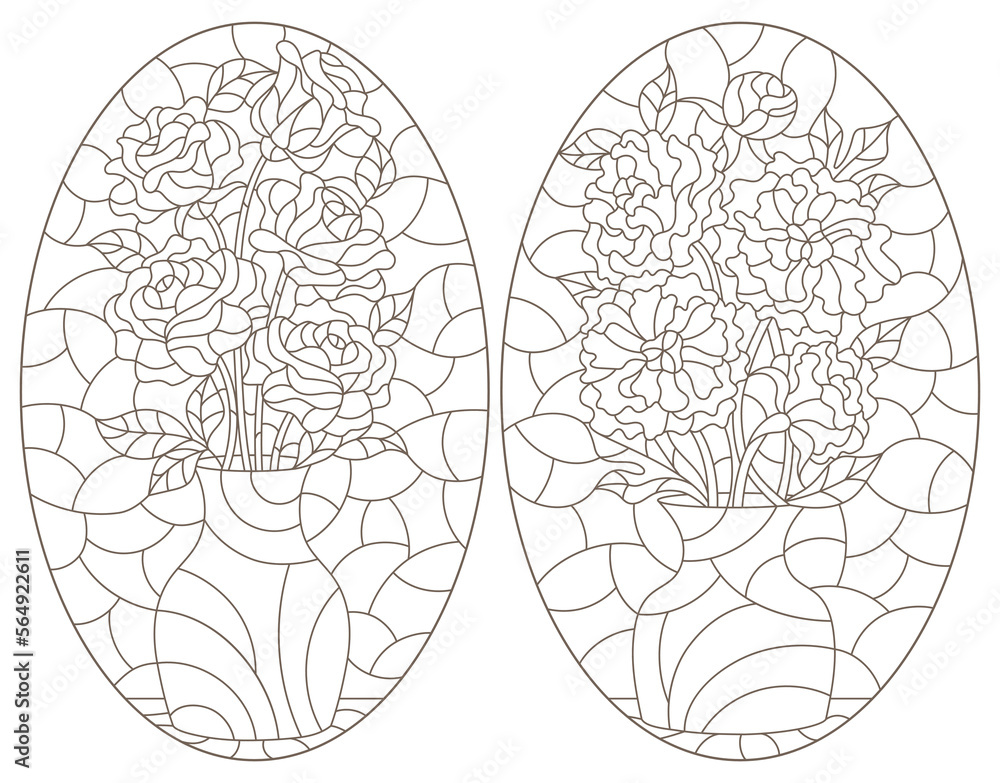 Set of contour illustrations in stained glass style with floral still lifes roses and peony, dark contours on a white background
