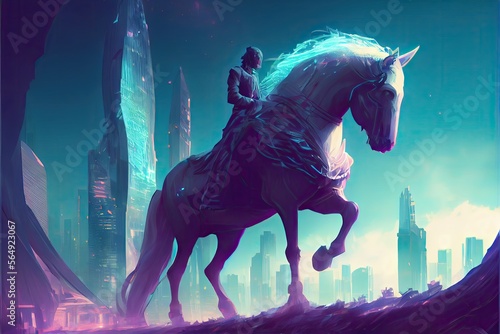 A man riding a horse in futuristic city  anime  fantasy - generative ai