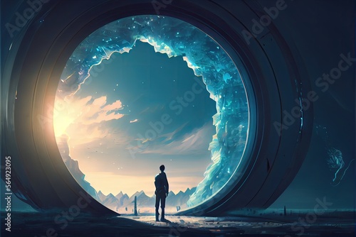 A man standing in a field Infront of a futuristic sci-fi temporal gate, fantasy, anime - generative ai photo
