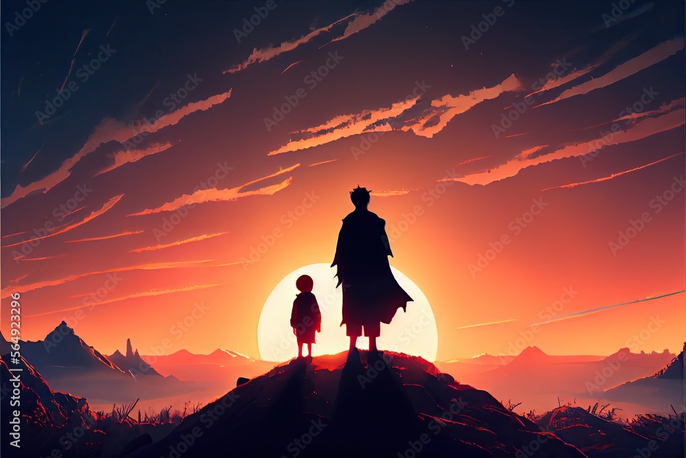 Silhouette of a man and his son looking at a beautiful sunset, fantasy, anime - generative ai