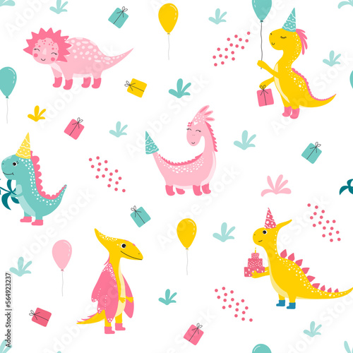 seamless pattern with cutes dinosaur, baby shower greeting card. For Print kids bedding, fabric, wallpaper, wrapping paper, textile, t-shirt print