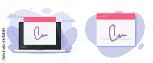 Digital signature online icon vector, electronic web internet smart contract agreement signing on laptop computer device flat illustration graphic, autograph e document cyber service image