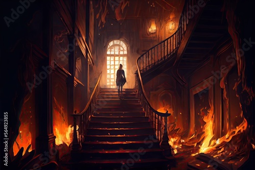The super human torch walking down the stairs in an abandoned mansion  fantasy  anime - generative ai